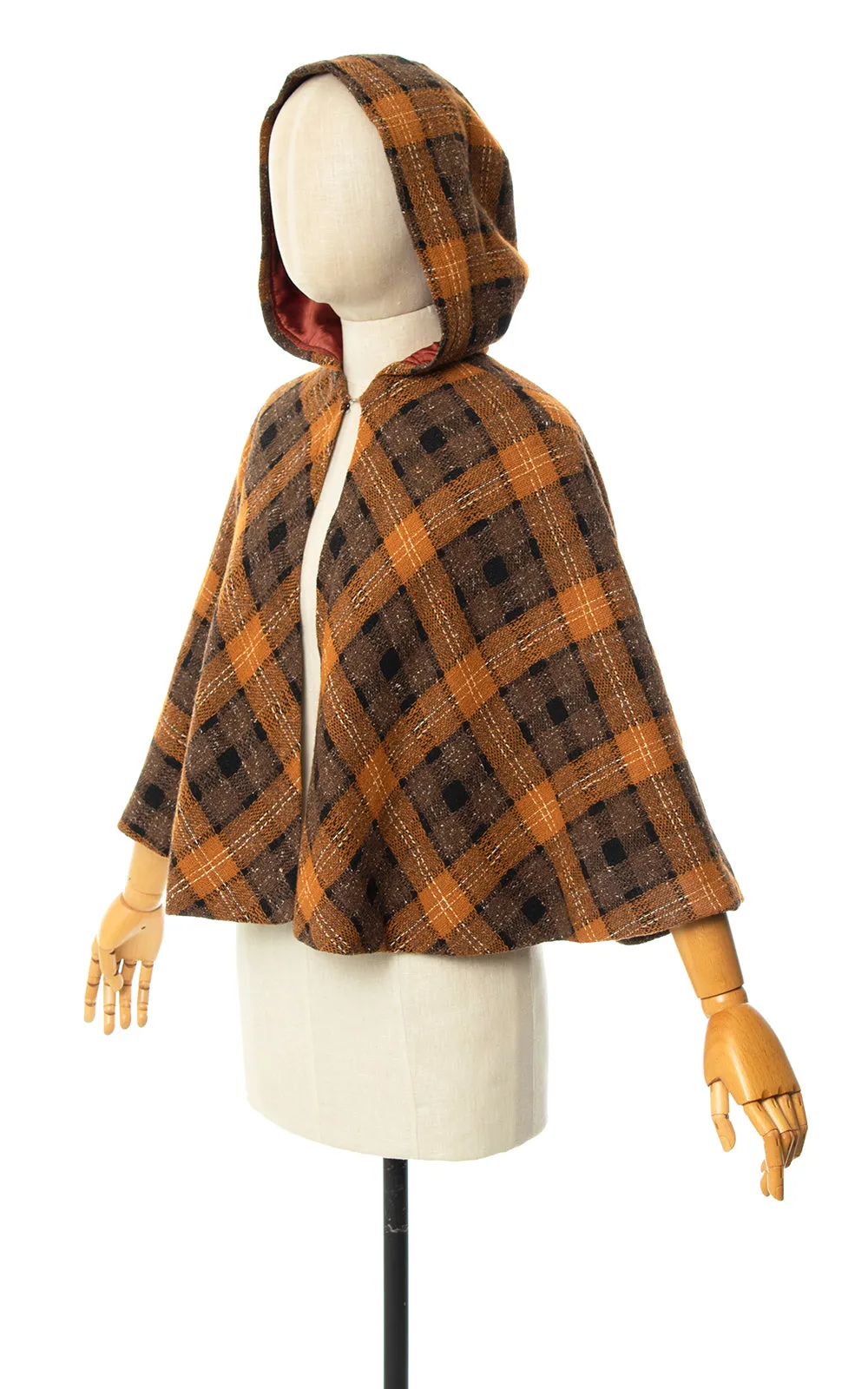 1950s 1960s Plaid Wool Hooded Cape | x-small/small/medium