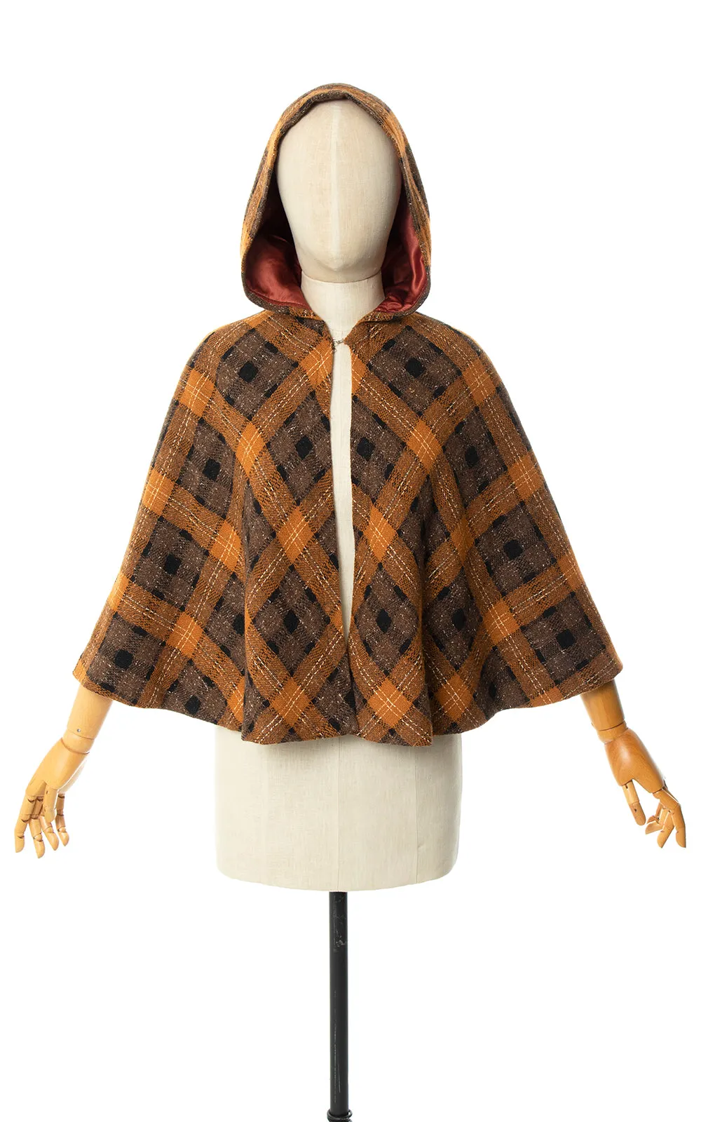 1950s 1960s Plaid Wool Hooded Cape | x-small/small/medium