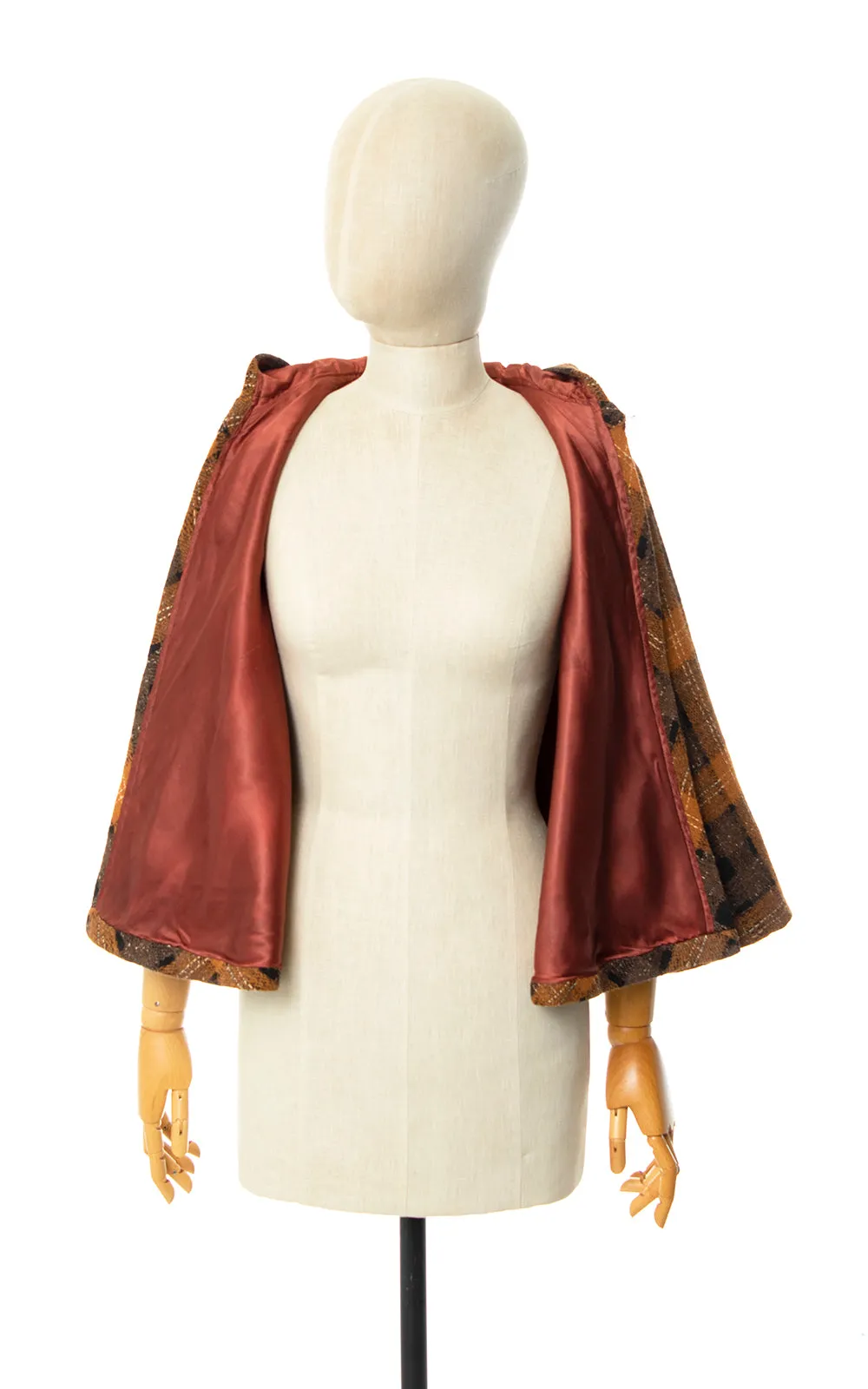 1950s 1960s Plaid Wool Hooded Cape | x-small/small/medium