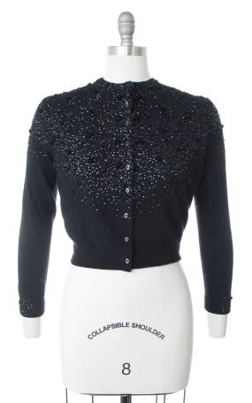 1950s Rose Sequin Beaded Wool Cardigan | small/medium