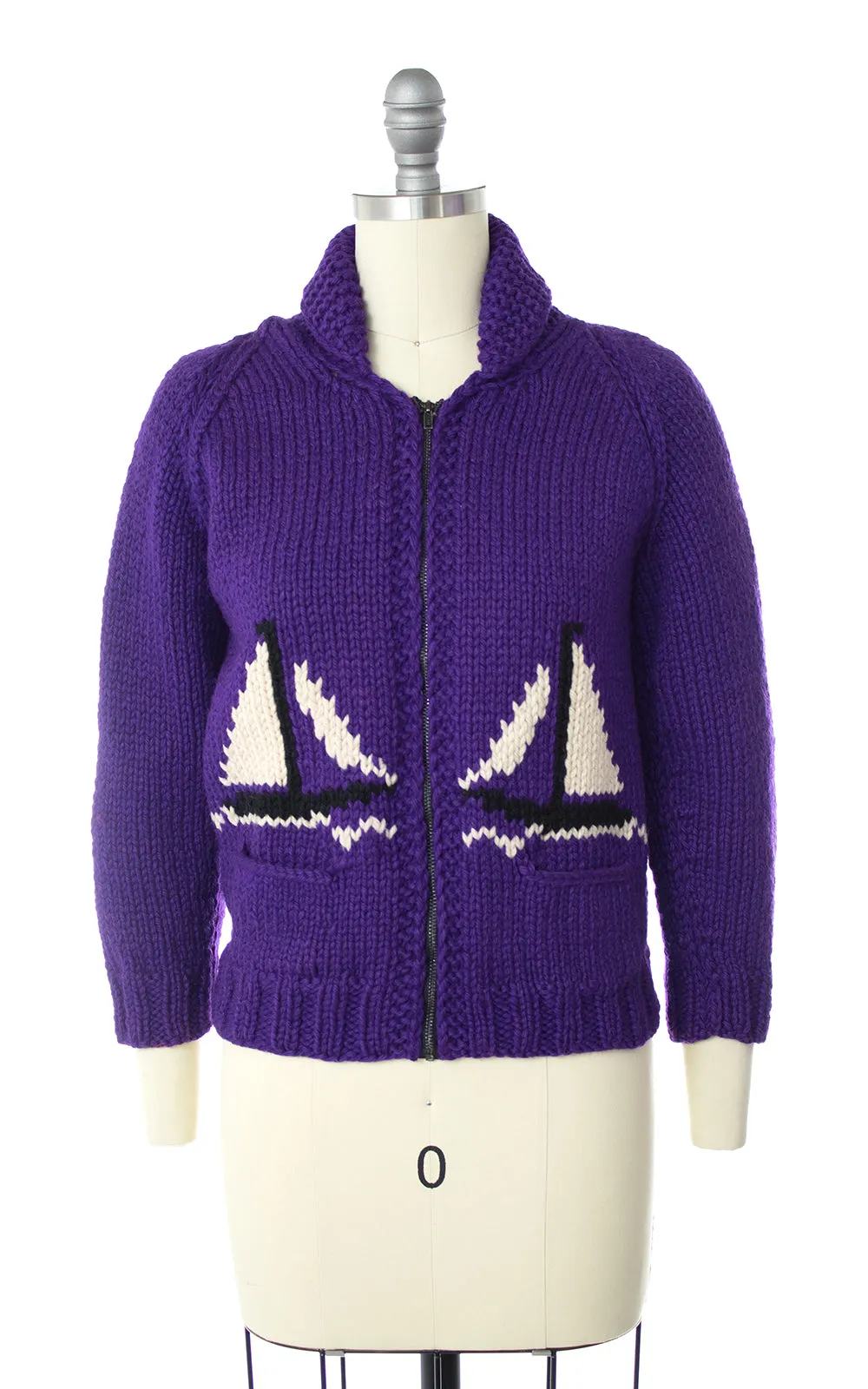 1950s Sailboat Novelty Knit Wool Cowichan Sweater | x-small/small
