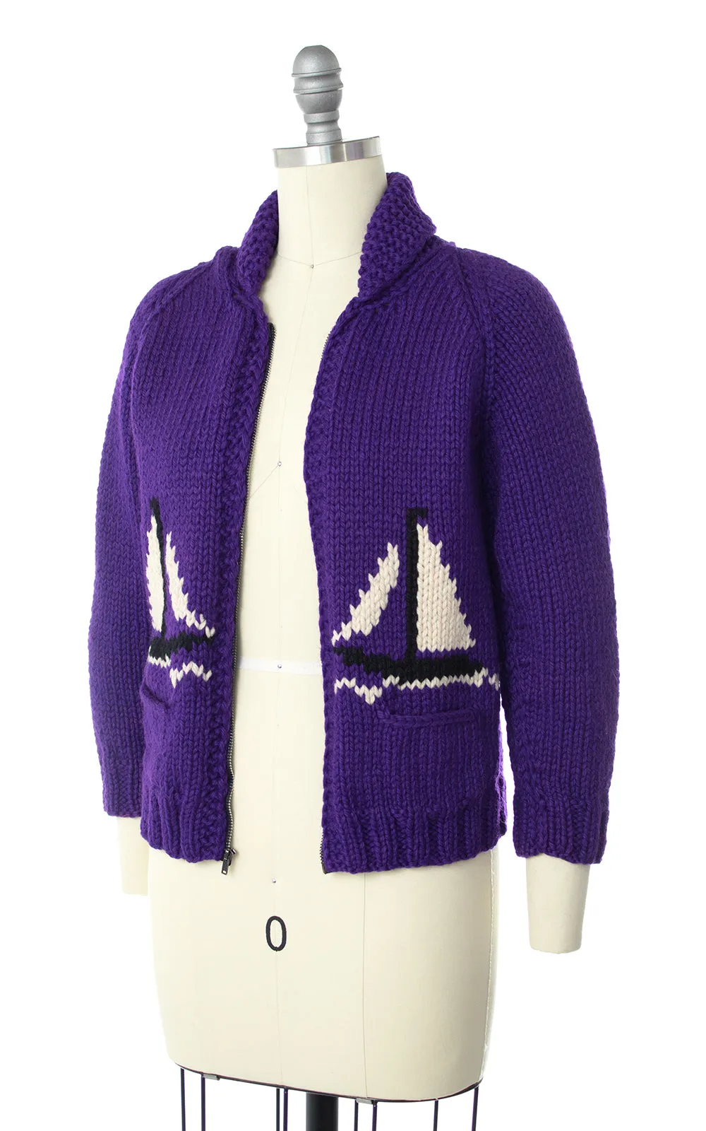 1950s Sailboat Novelty Knit Wool Cowichan Sweater | x-small/small