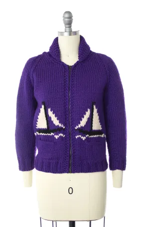 1950s Sailboat Novelty Knit Wool Cowichan Sweater | x-small/small