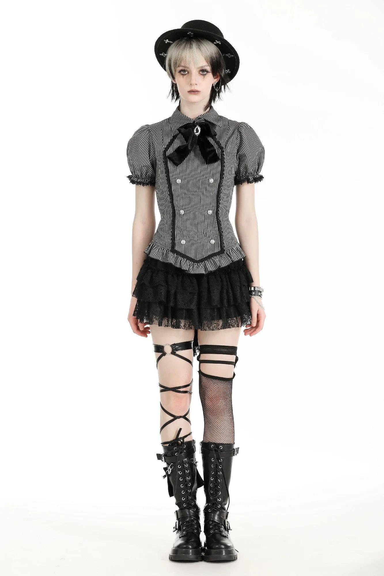 Academic style gray striped double-breasted blouse IW111