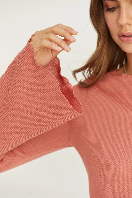 ANWEN BELL SLEEVE RIBBED KNIT CROP TOP