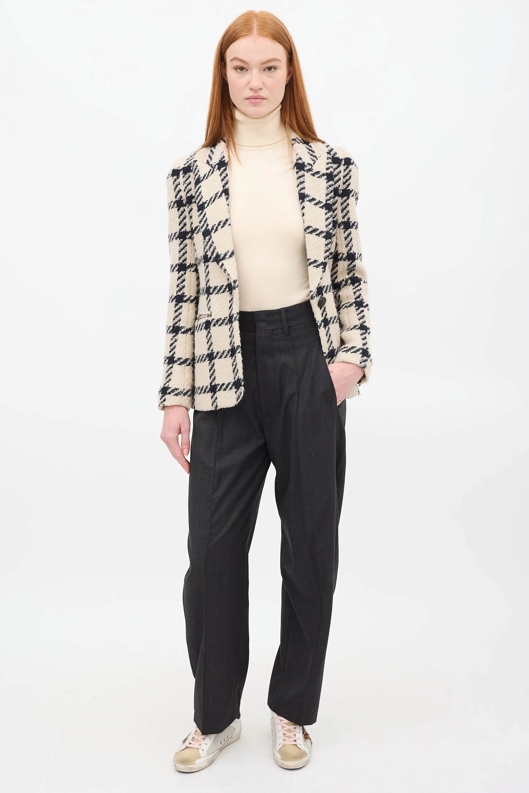 Beige & Black Wool Kioa Checkered Blazer