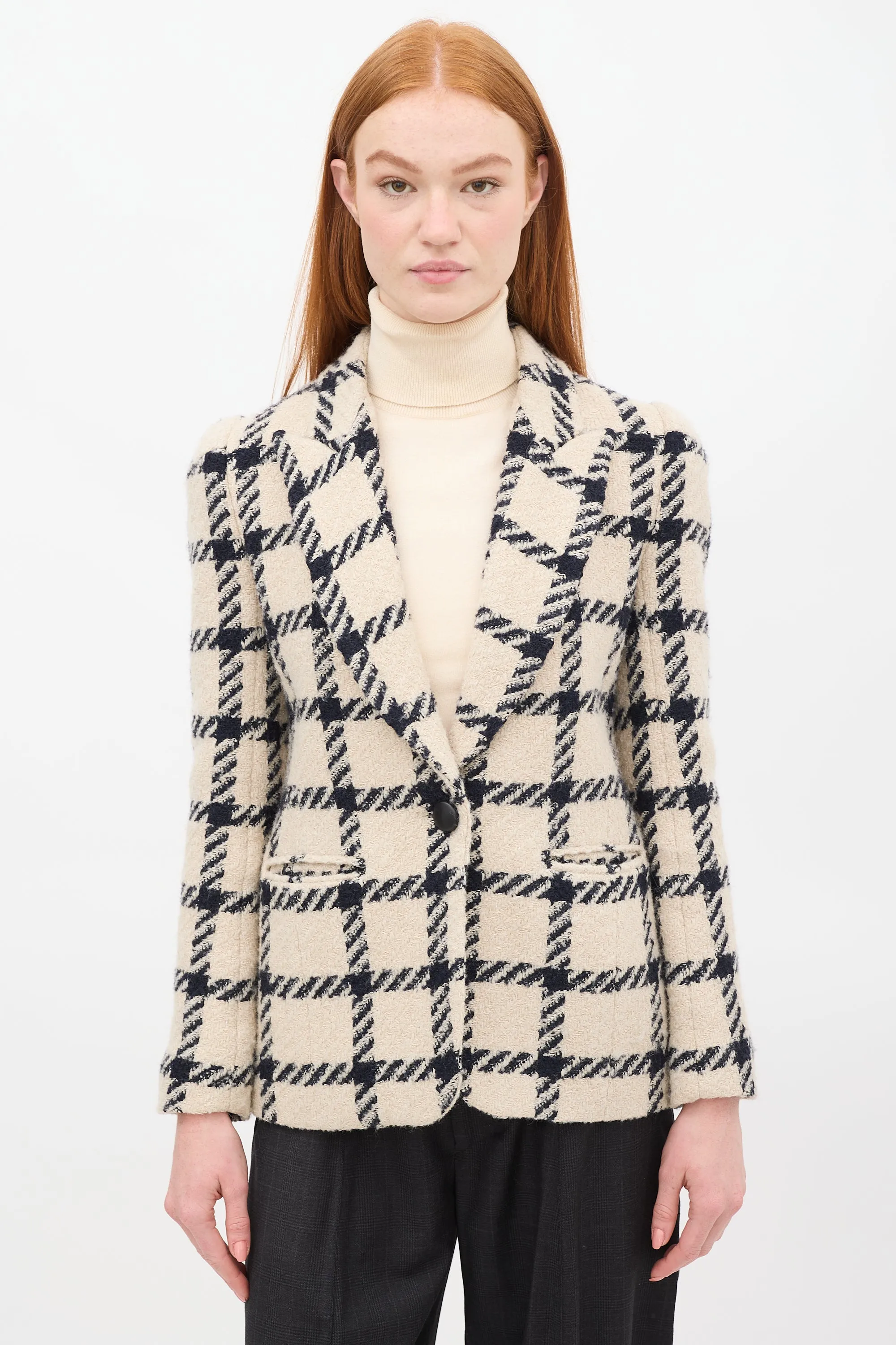 Beige & Black Wool Kioa Checkered Blazer