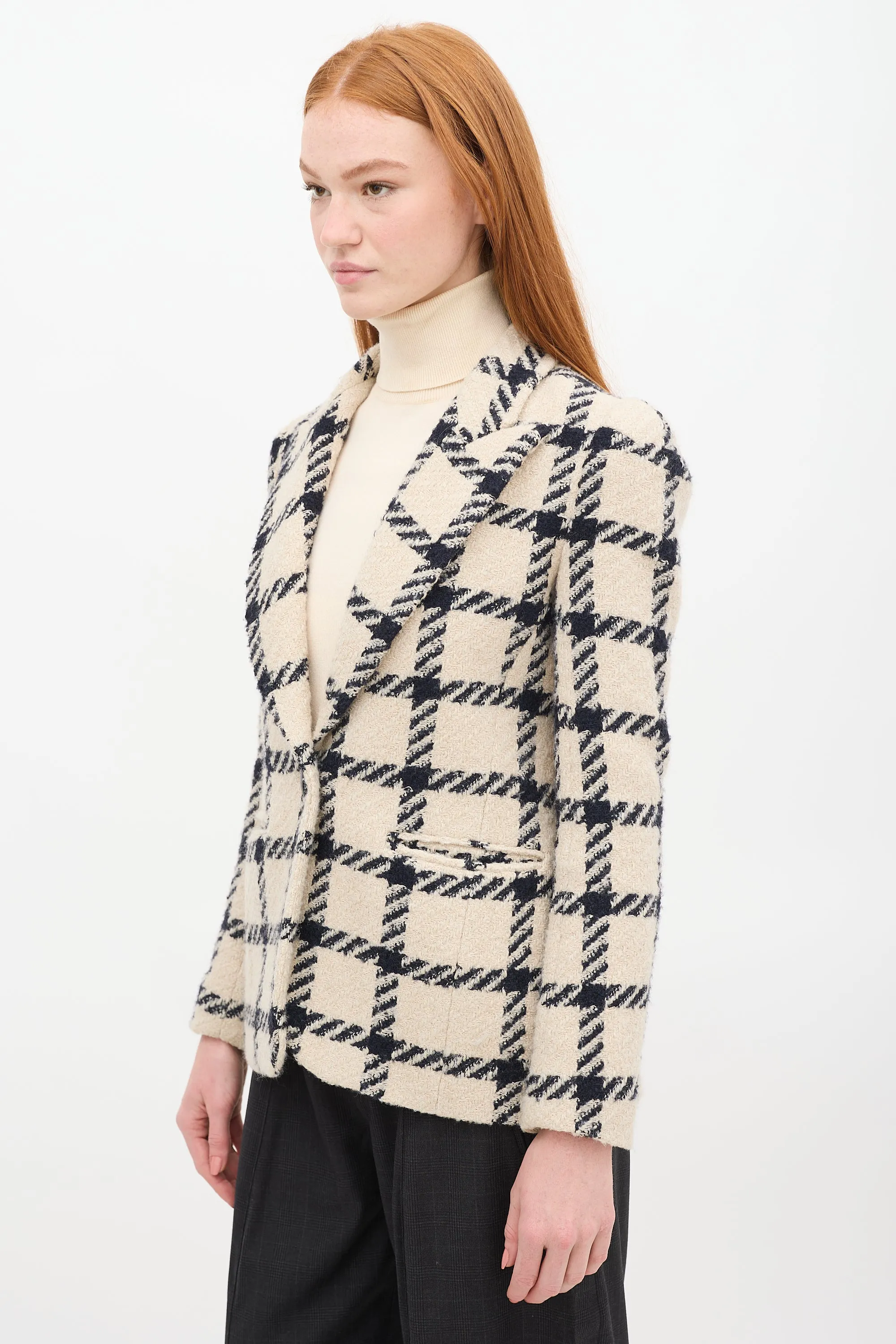 Beige & Black Wool Kioa Checkered Blazer