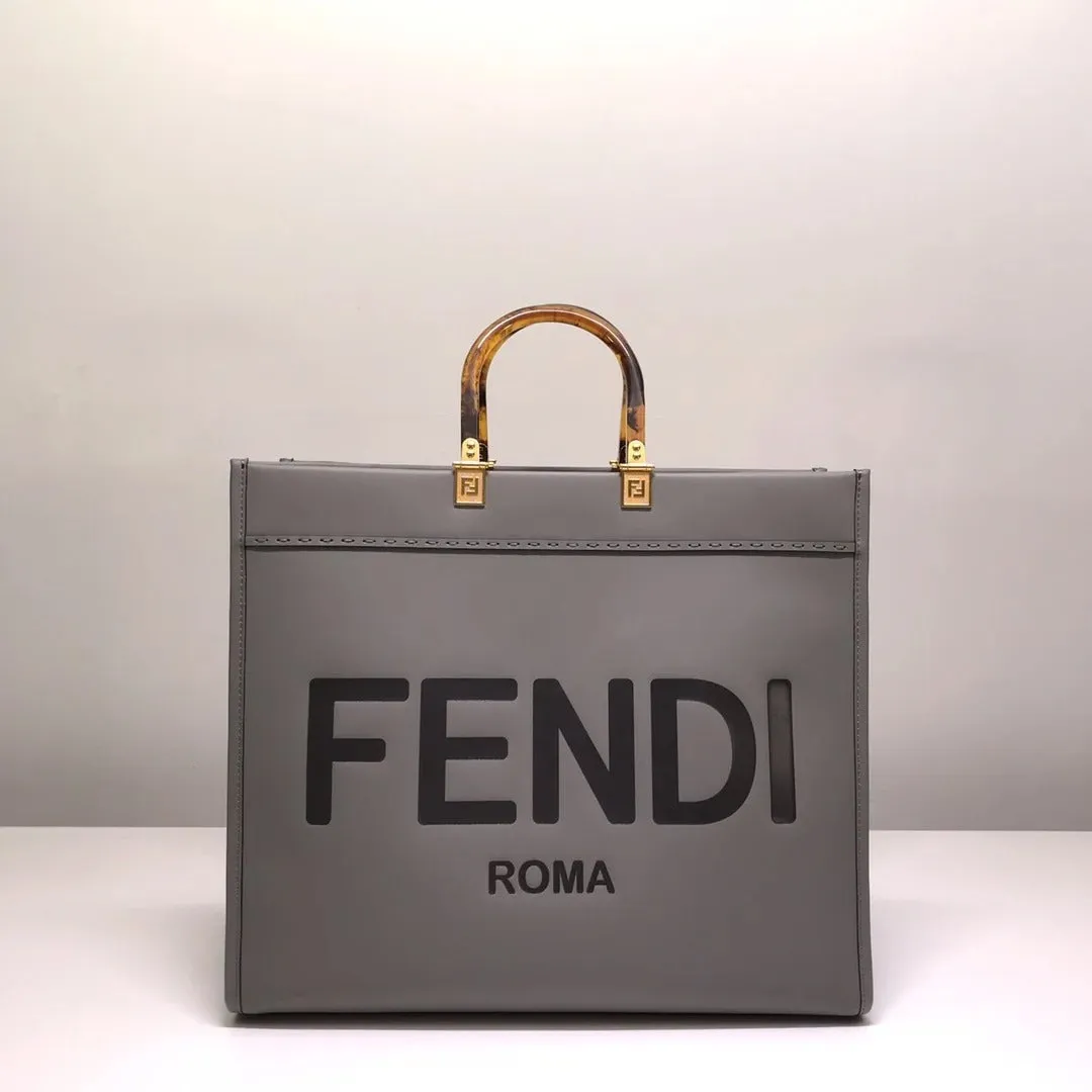 Fendi Sunshine Leather Shopper Tote Bag Gray