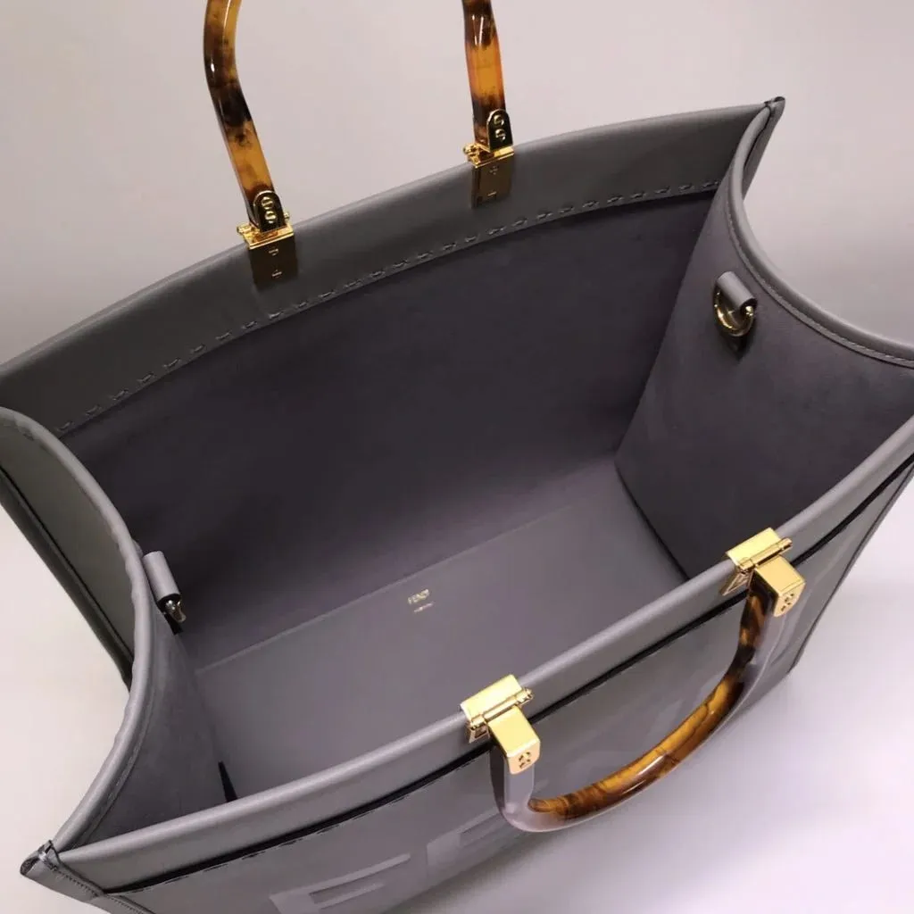Fendi Sunshine Leather Shopper Tote Bag Gray