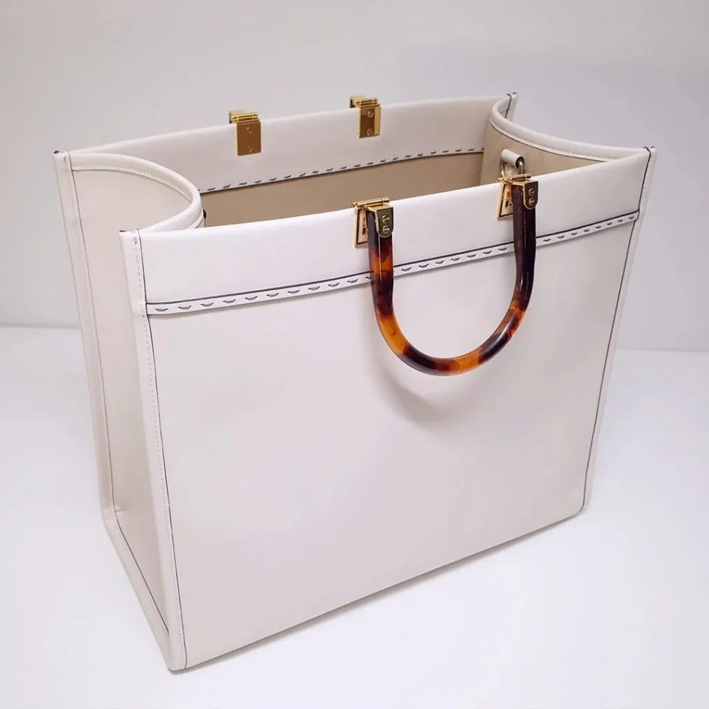 Fendi Sunshine Leather Shopper Tote Bag White