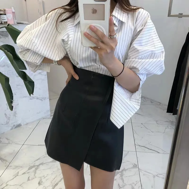 'High Waist Flannel Blouse with Leather Skirt Terno Style'