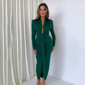 Irregular Long Sleeve Waist Pleated Dress