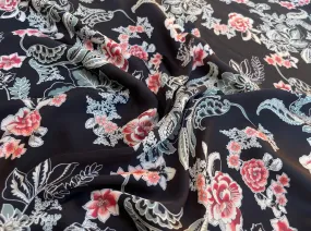 Lightweight  satin fabric by the yard - Black red sage floral  print