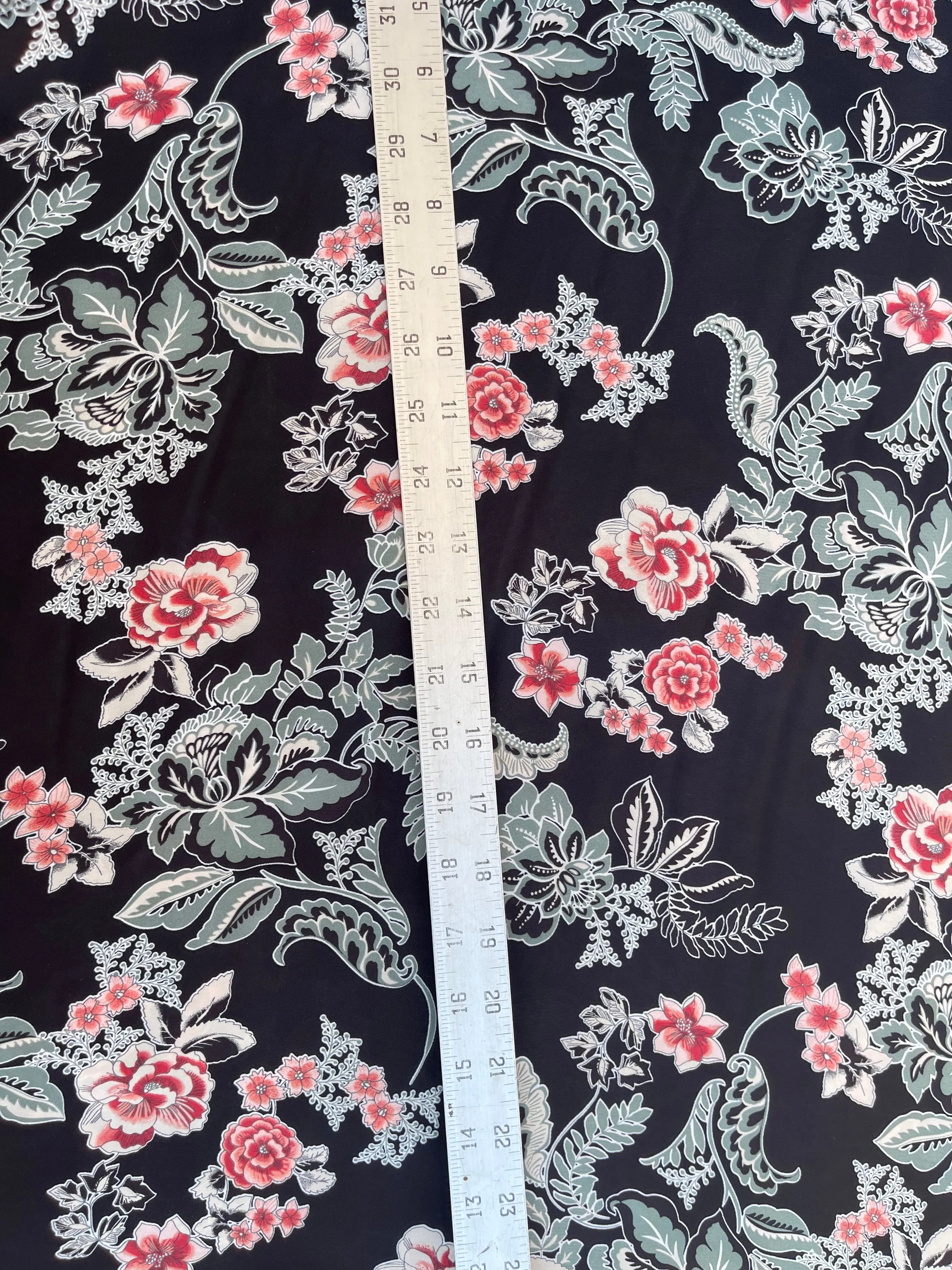 Lightweight  satin fabric by the yard - Black red sage floral  print