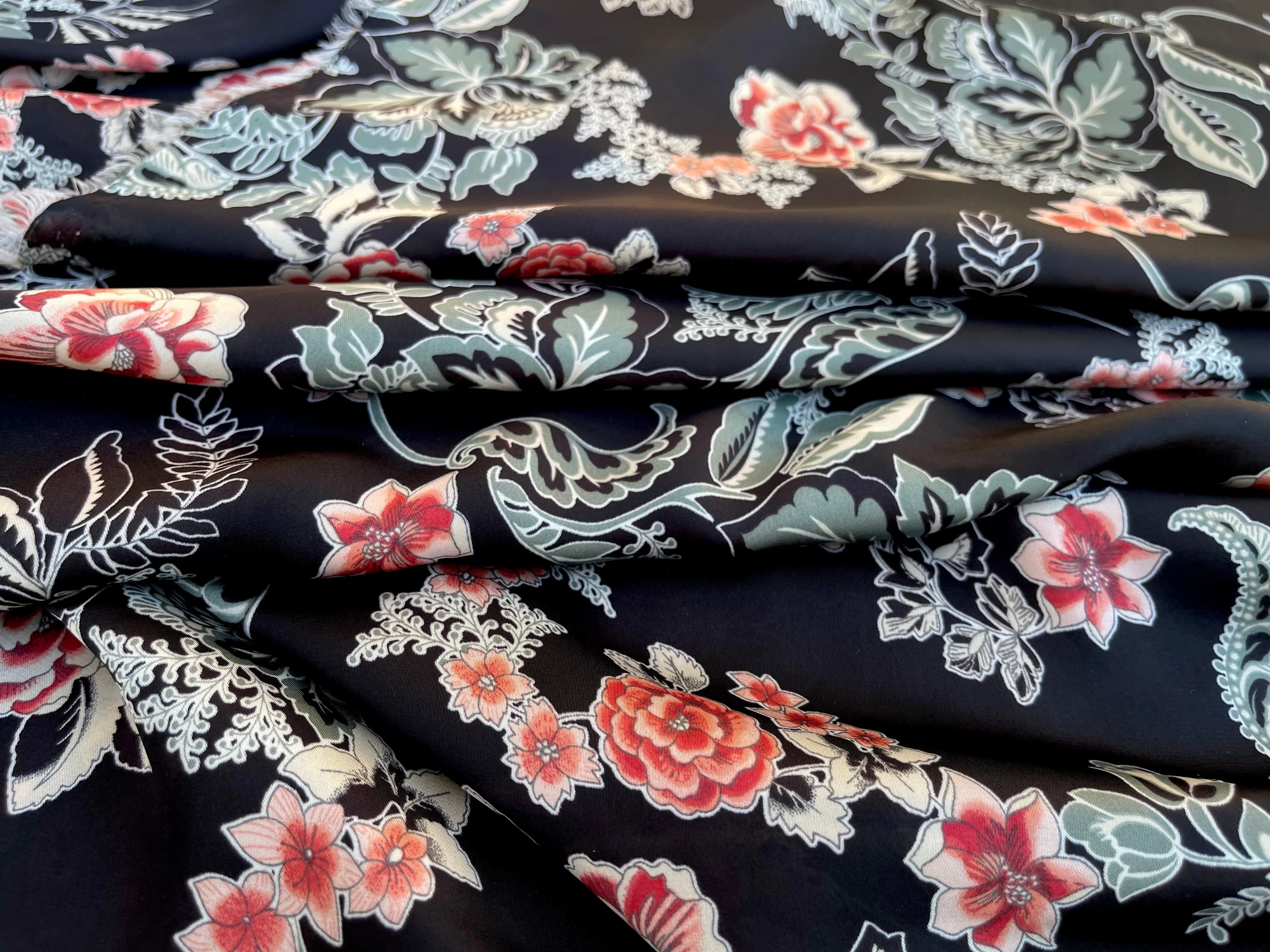 Lightweight  satin fabric by the yard - Black red sage floral  print