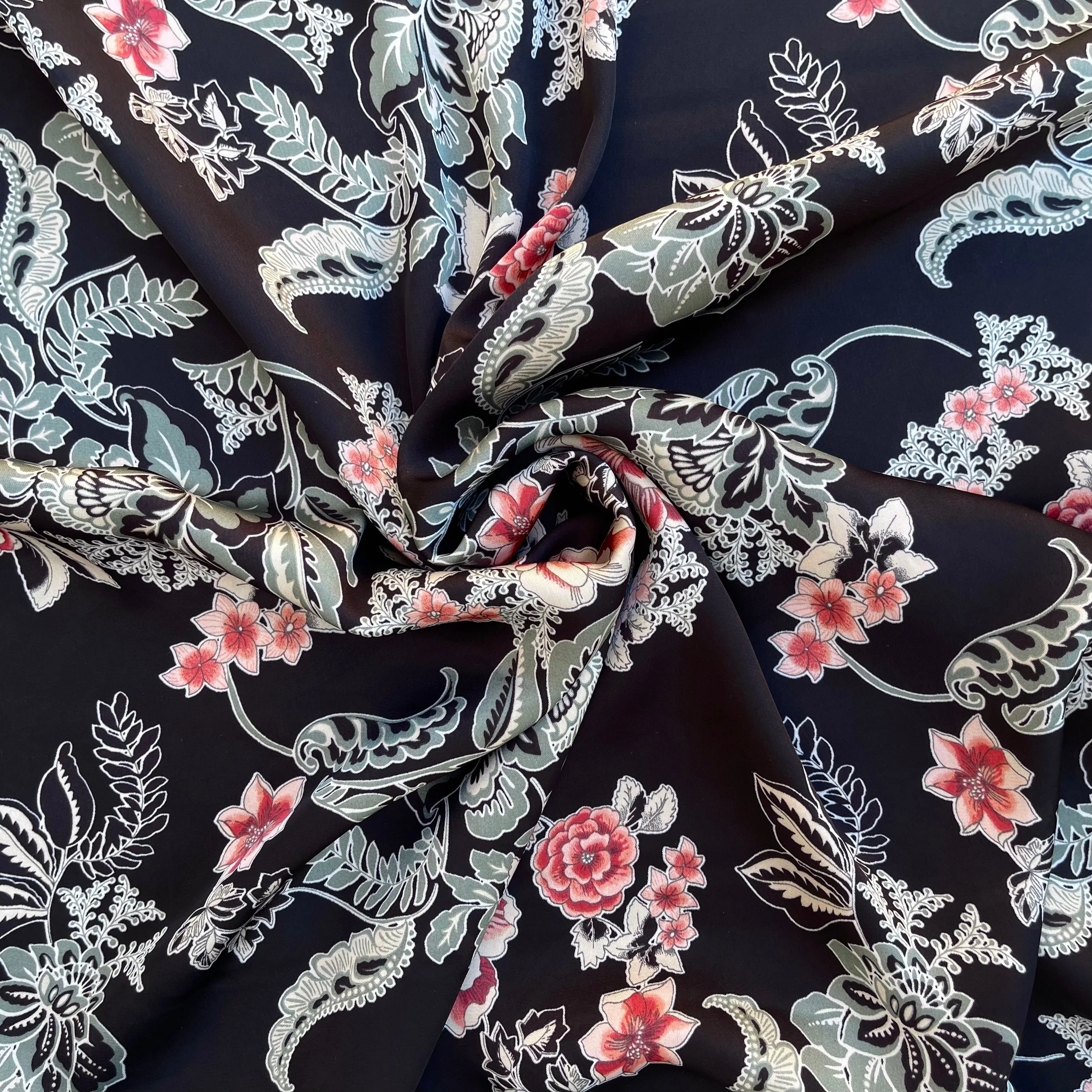 Lightweight  satin fabric by the yard - Black red sage floral  print