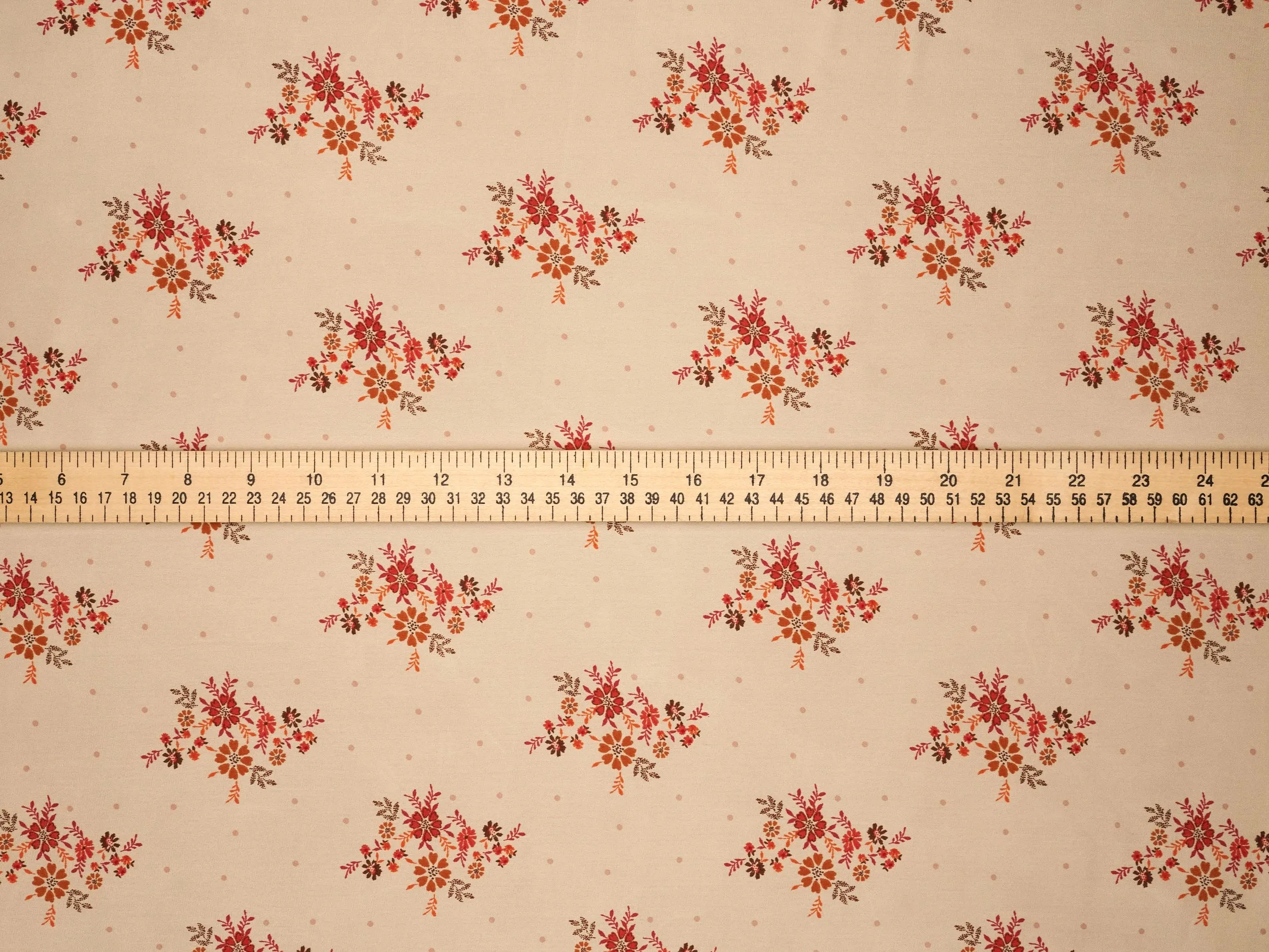Lightweight  satin  fabric by the yard - Off white rusty orange    floral  and dots  print