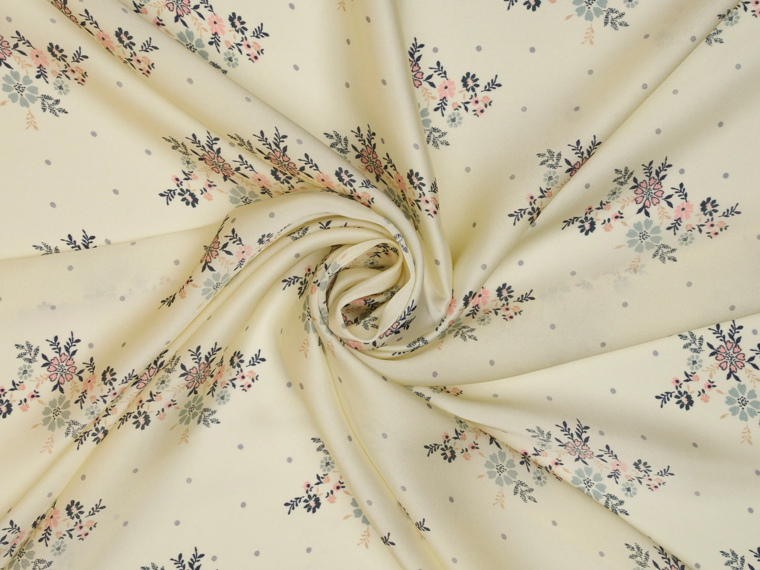 Lightweight  satin  fabric by the yard - Off white rusty orange    floral  and dots  print