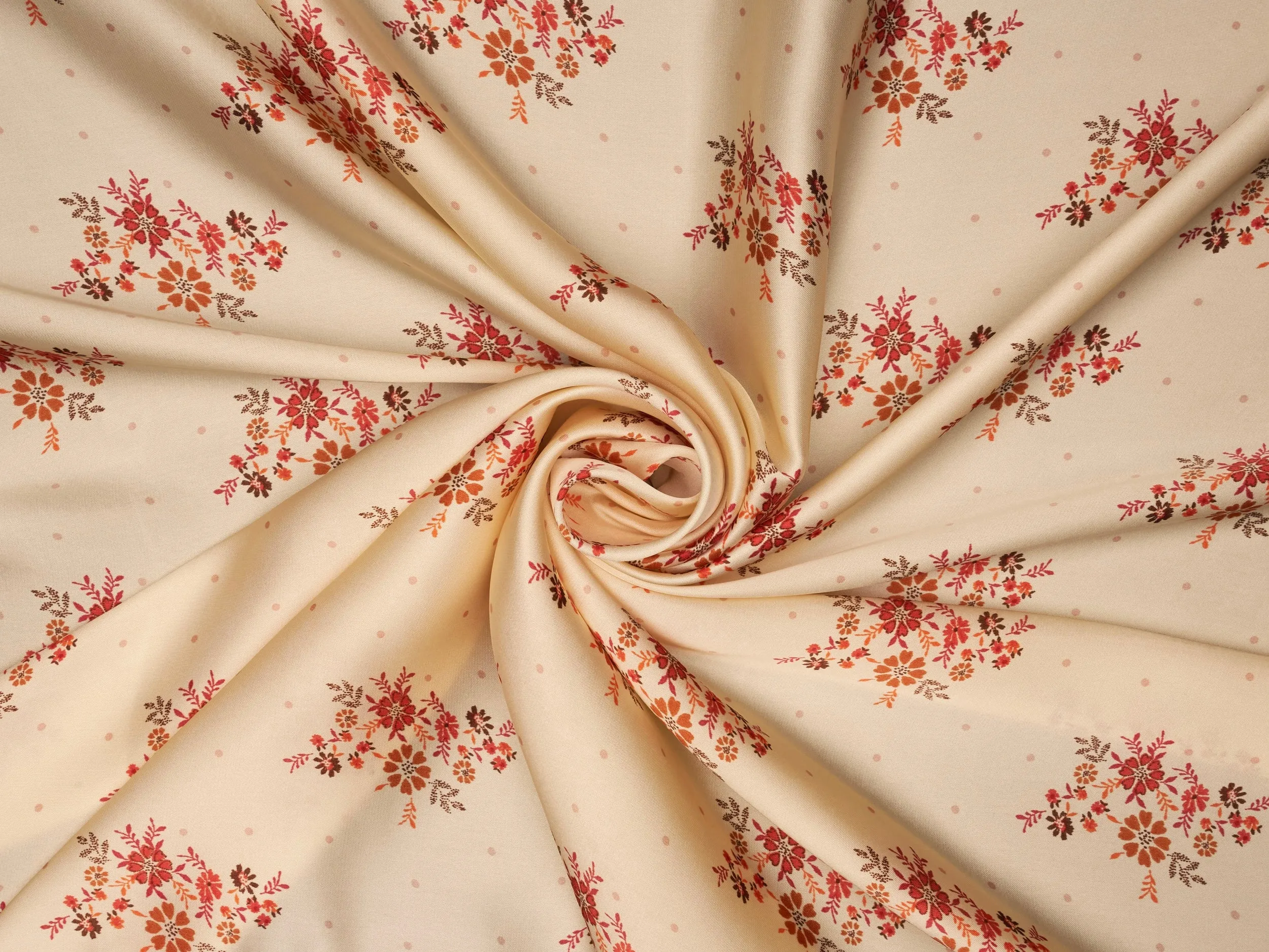 Lightweight  satin  fabric by the yard - Off white rusty orange    floral  and dots  print