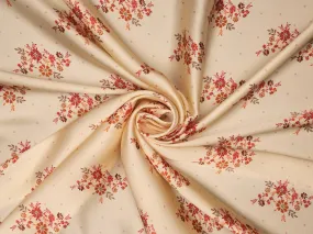 Lightweight  satin  fabric by the yard - Off white rusty orange    floral  and dots  print