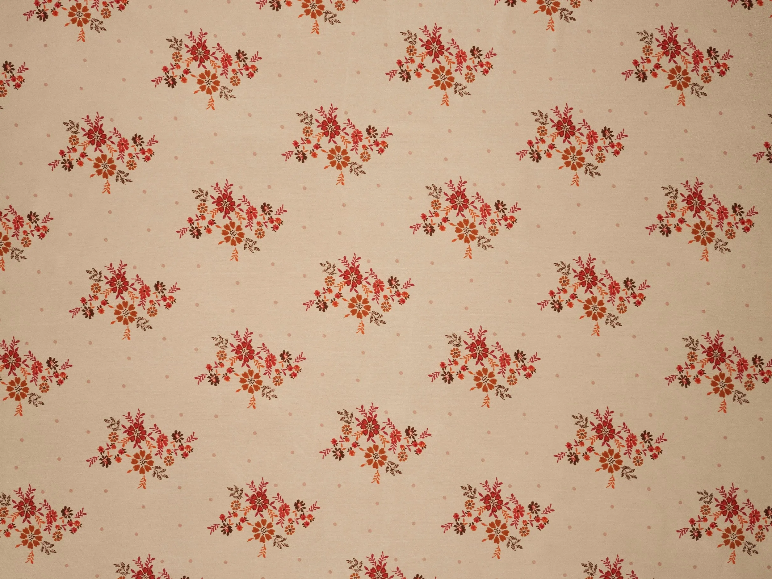 Lightweight  satin  fabric by the yard - Off white rusty orange    floral  and dots  print