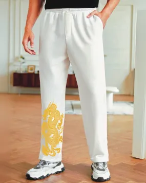 Men White Cargo Pants - Dragon Design