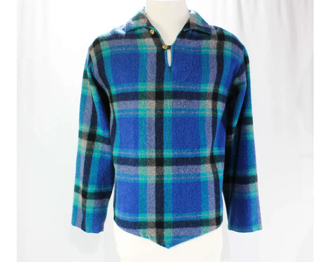 Men's Large 60s Shirt - Long Sleeved - 1960s Turquoise Lumberjack - Teal Blue & Black Wool Lumber Jack - Fall - Autumn - Chest 46 - 9667