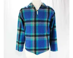 Men's Large 60s Shirt - Long Sleeved - 1960s Turquoise Lumberjack - Teal Blue & Black Wool Lumber Jack - Fall - Autumn - Chest 46 - 9667