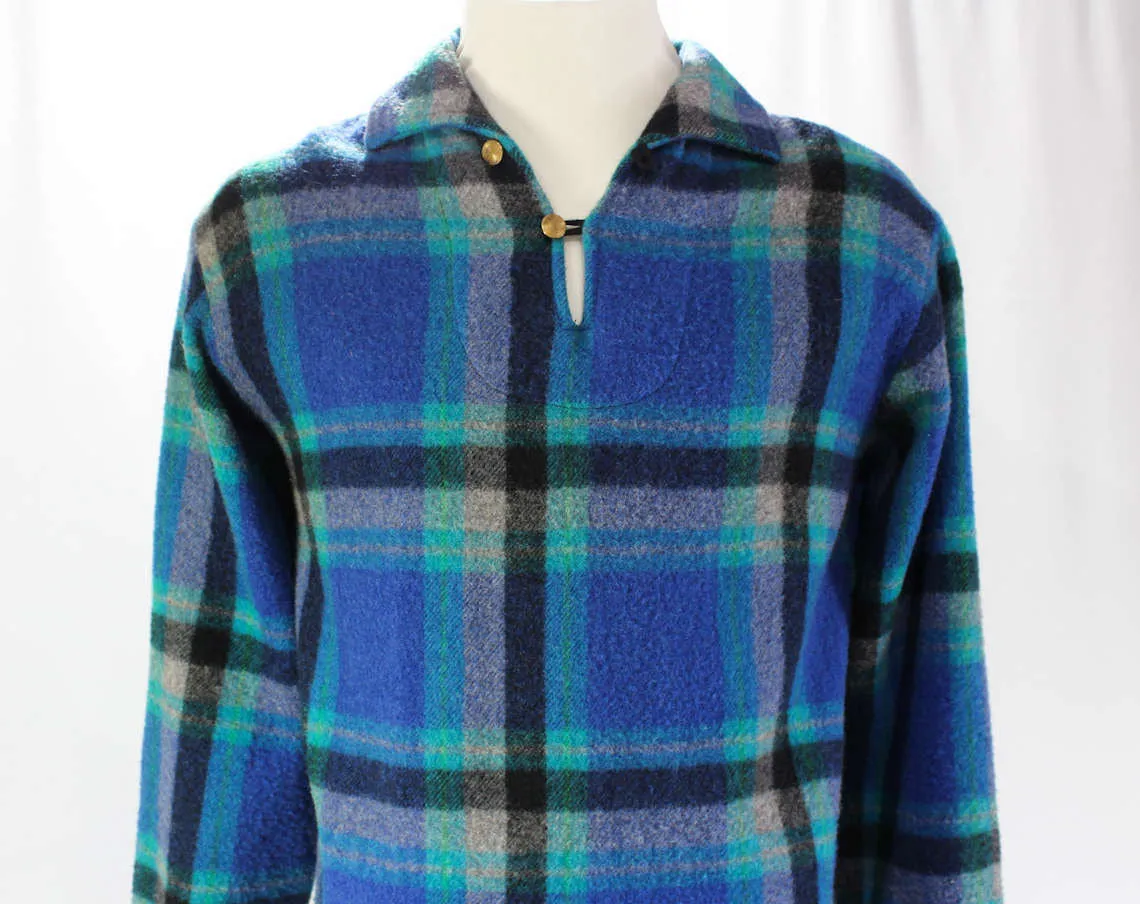Men's Large 60s Shirt - Long Sleeved - 1960s Turquoise Lumberjack - Teal Blue & Black Wool Lumber Jack - Fall - Autumn - Chest 46 - 9667
