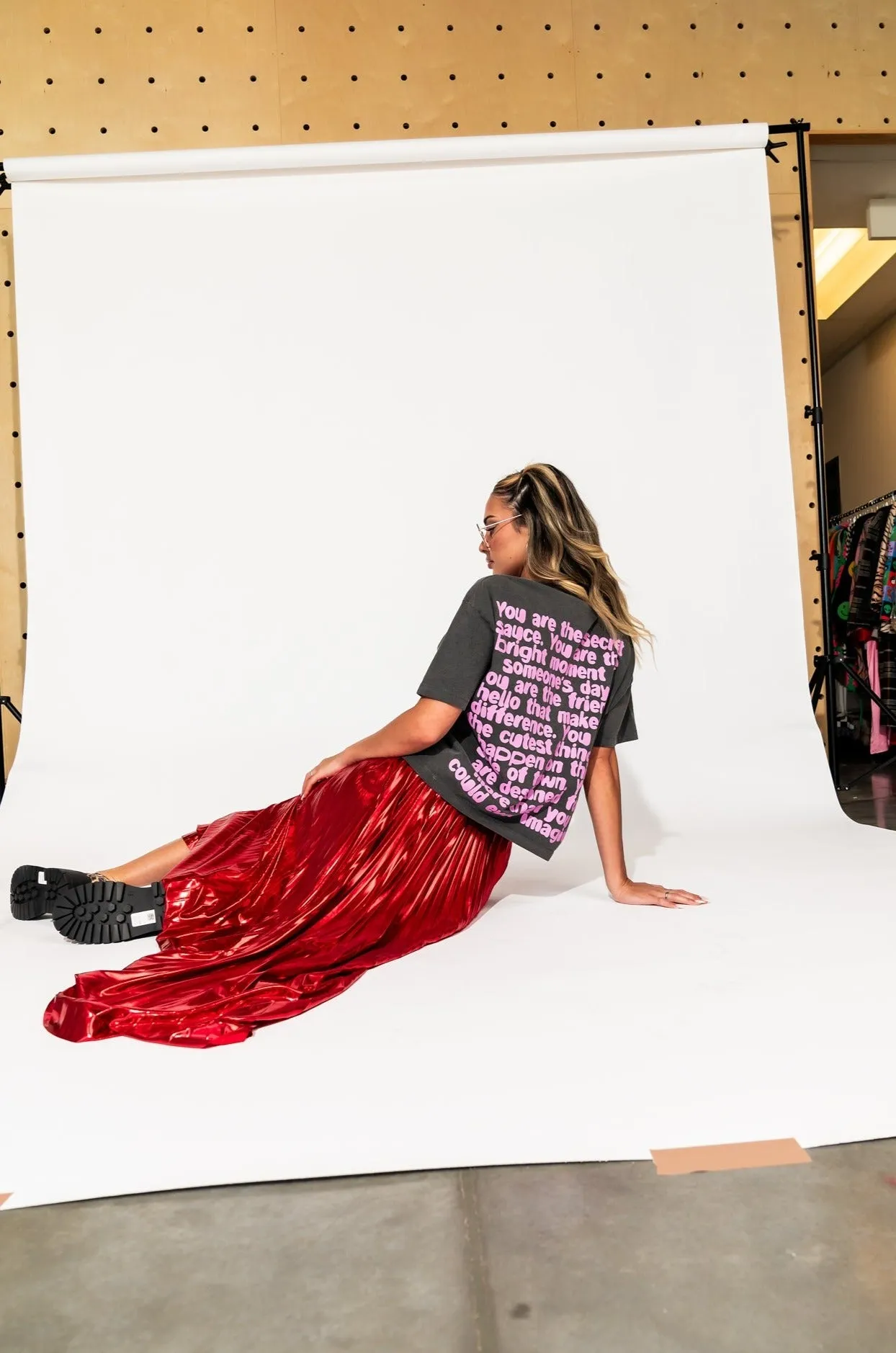 Metallic Pleated Midi Skirt in Red Hot