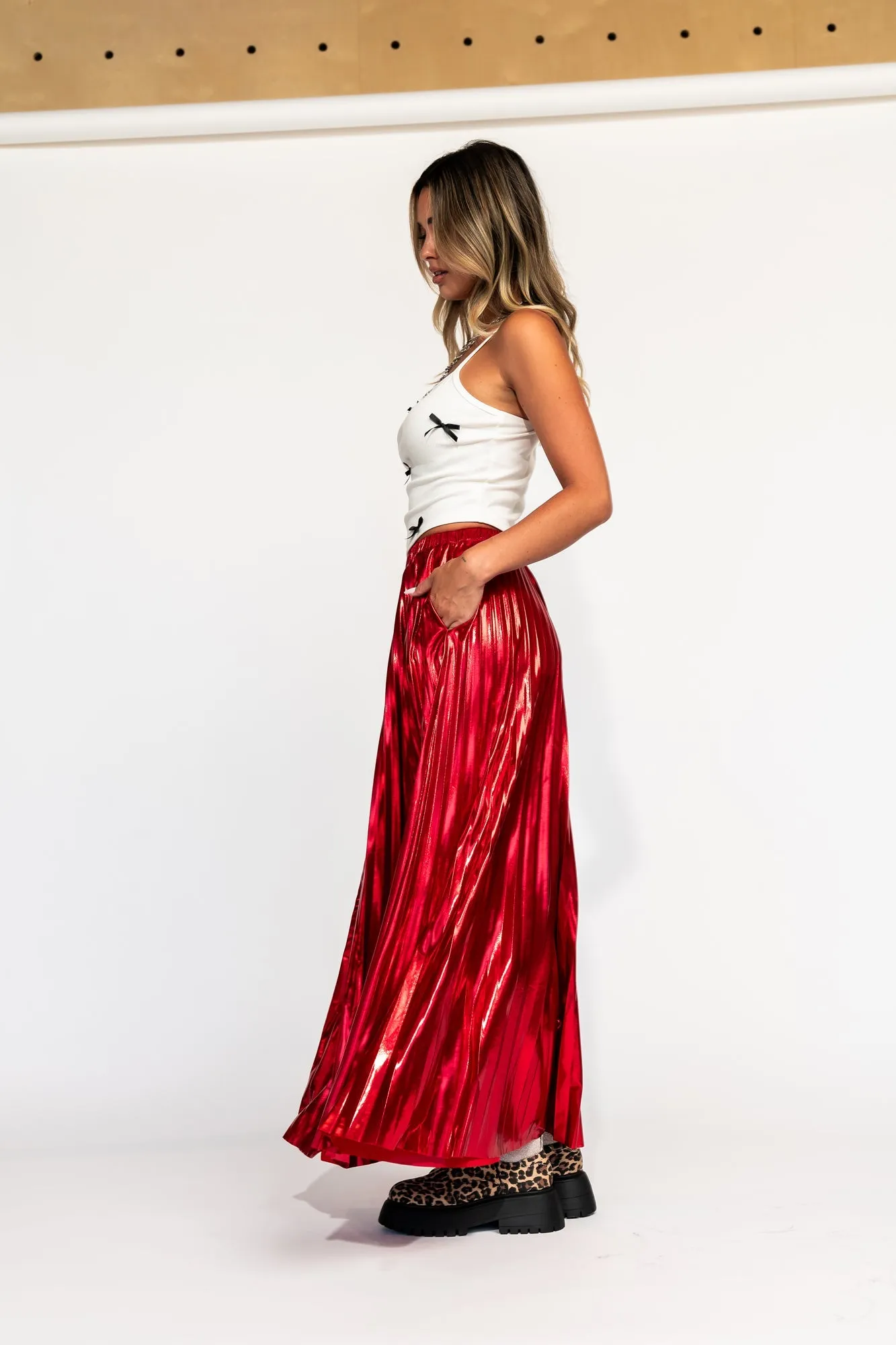 Metallic Pleated Midi Skirt in Red Hot