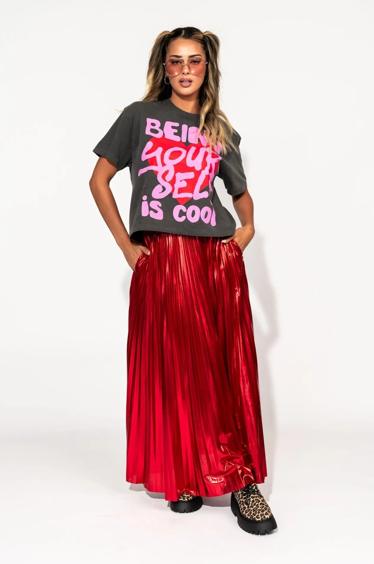 Metallic Pleated Midi Skirt in Red Hot