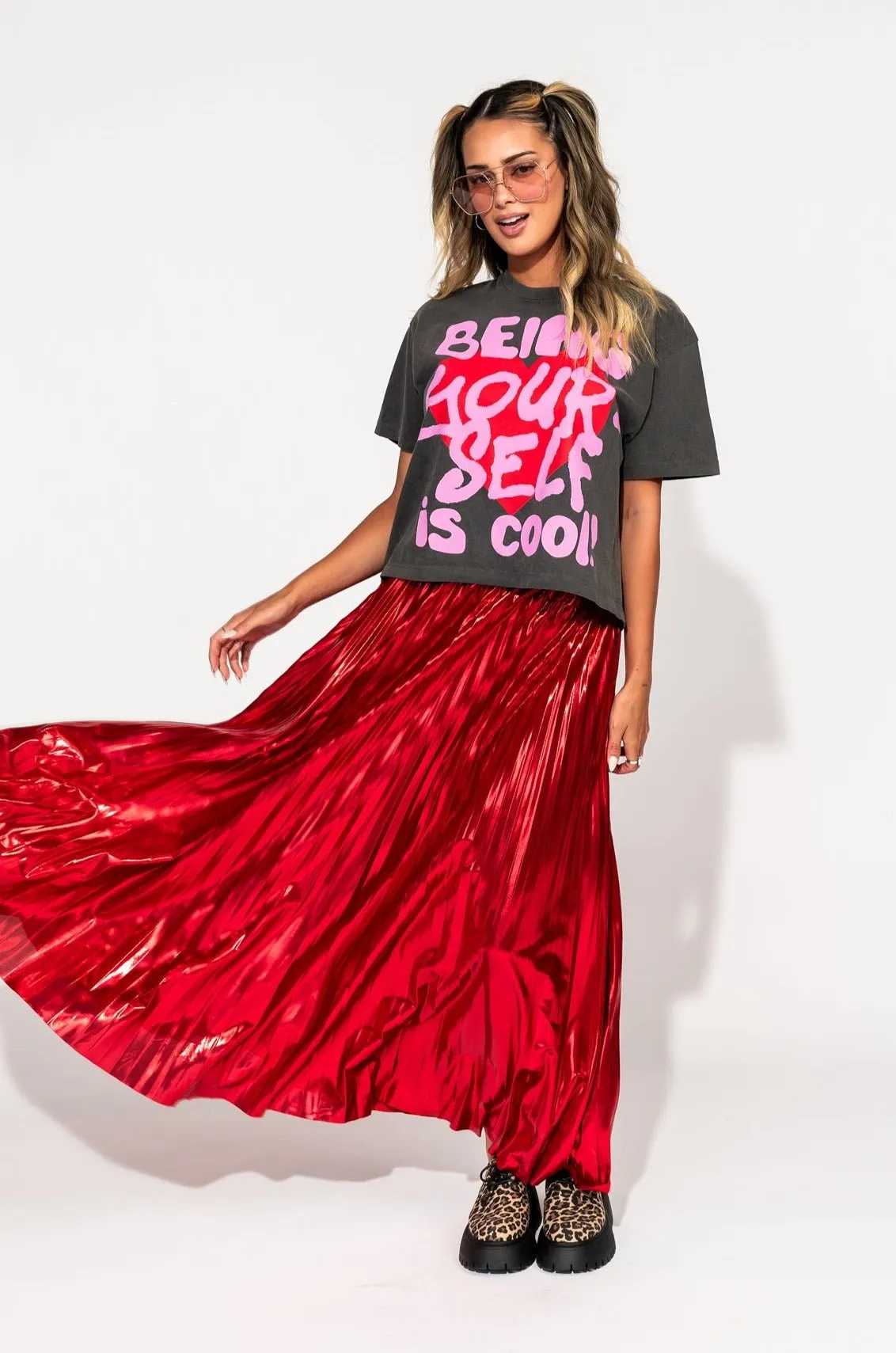Metallic Pleated Midi Skirt in Red Hot