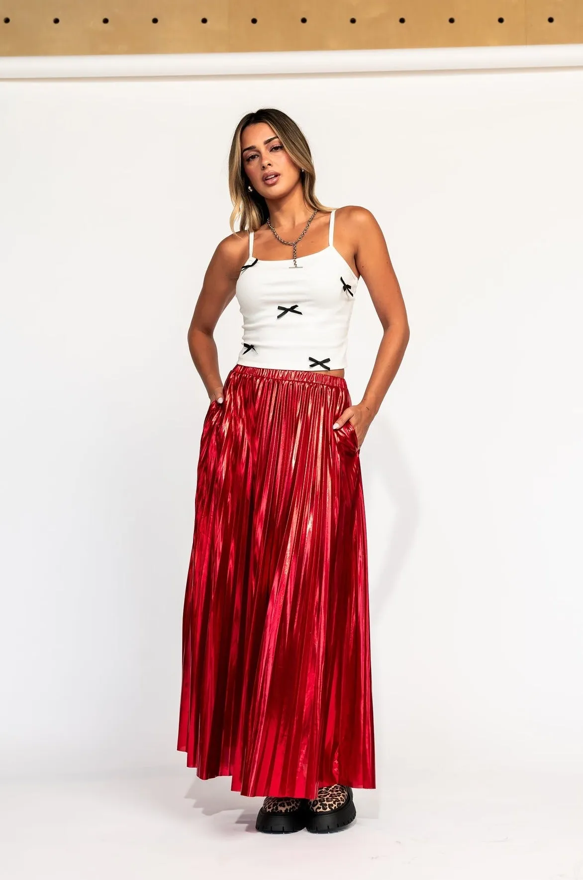 Metallic Pleated Midi Skirt in Red Hot