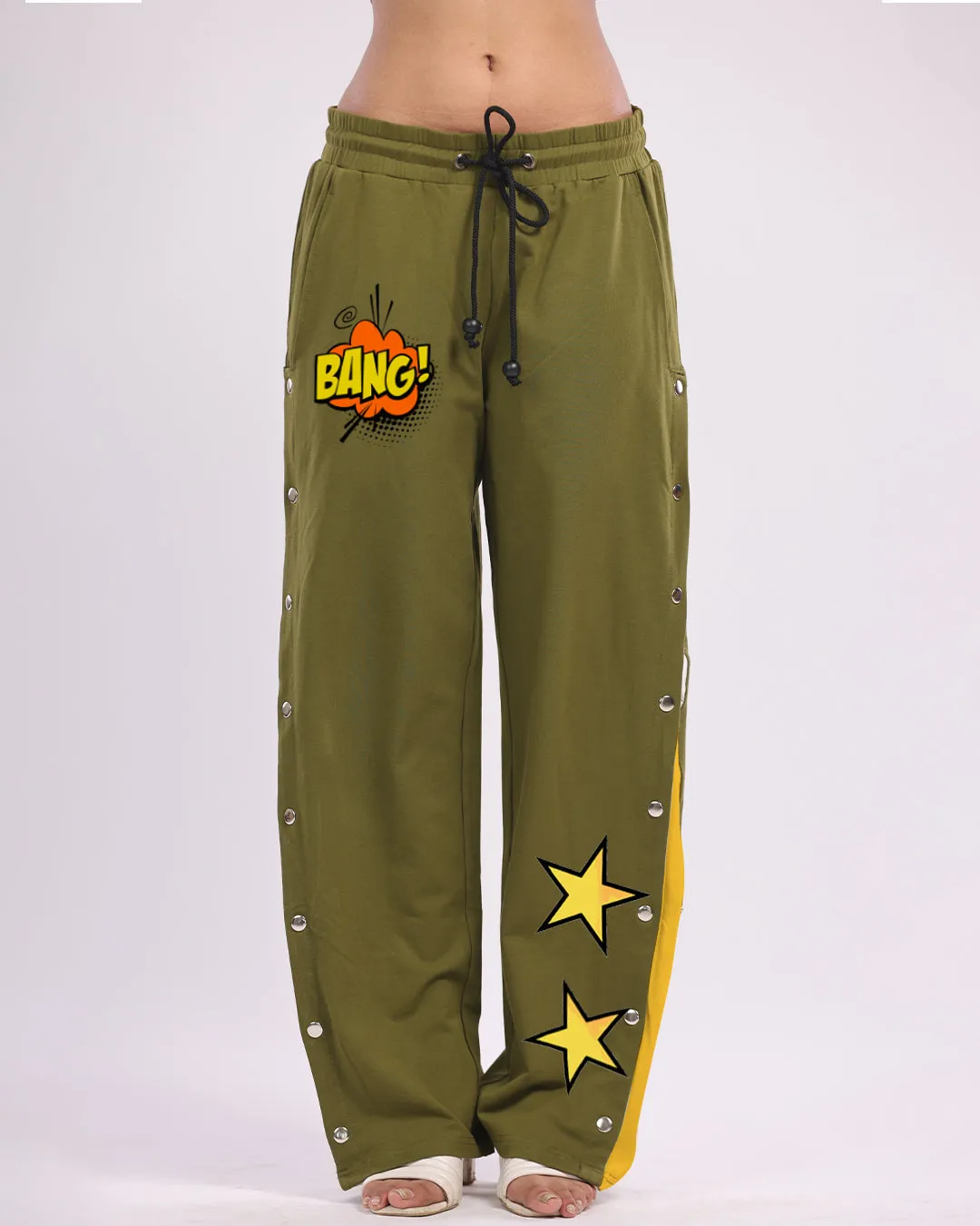 Women olive Snap Buttons Cotton trouser - Bang
