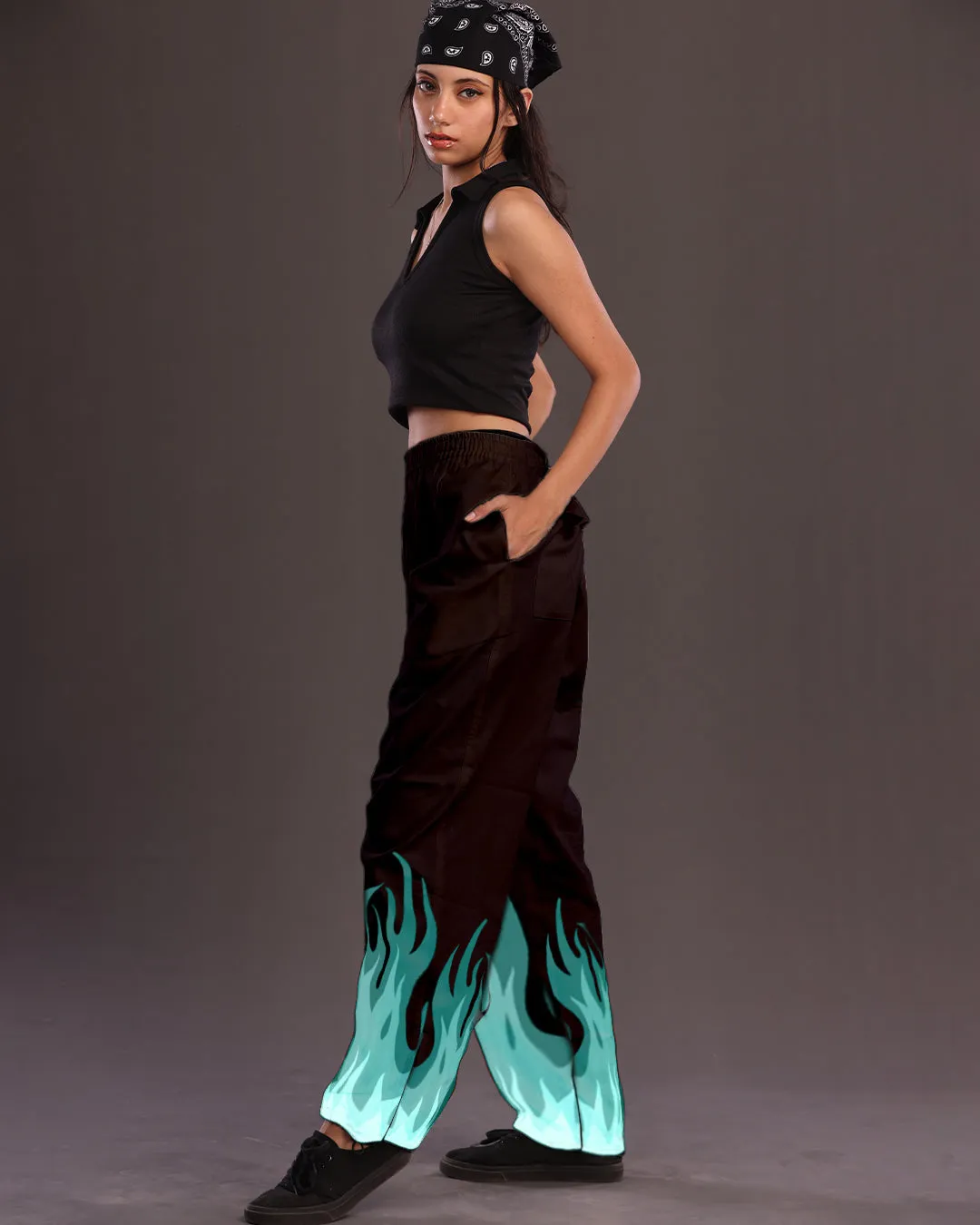 Women's Black Cargo Pants with Teel Fire Touch